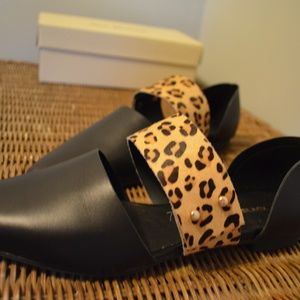 All Black Shoes - All Black Pointed Flats with Leopard Strap All Black Shoes - All Black Pointed Flats with Leopard Strap